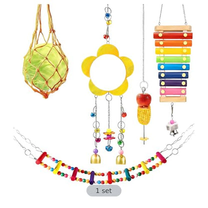 5 Pcs Chicken Toys Set, Chicken Xylophone with Wood Swing Perch Stand, Mirror, Hanging Feeder, Metal Chain for Coop Accessories