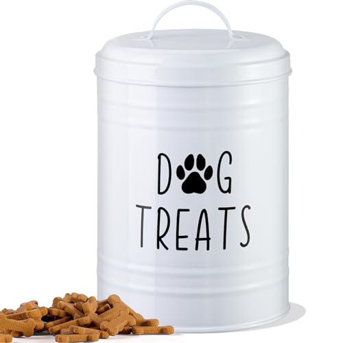 Dog Treat Container Airtight, Dog Treat Jar with Lid - 9x5.5'' Metal Dog Cookie Jar for Farmhouse Kitchen Counter, White Pet Treat Container, Dog Treat Storage Container for Dogs, Cats - color: White - Single