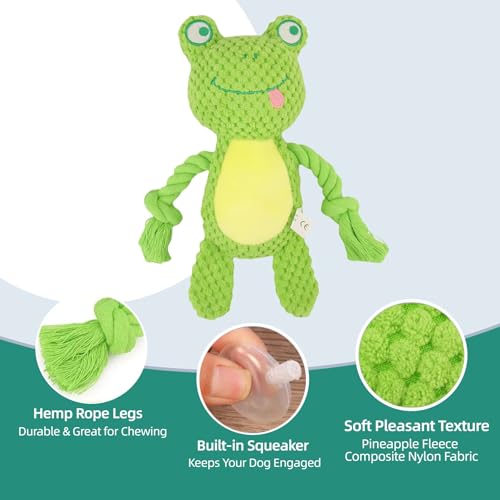 Cotton Rope Squeaky Dog Toy with Crinkle Paper – Interactive Plush Chew Toy for Small & Medium Puppies, Frog Design - color: Green