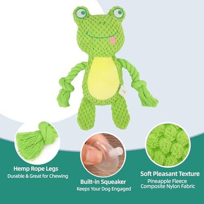 Cotton Rope Squeaky Dog Toy with Crinkle Paper – Interactive Plush Chew Toy for Small & Medium Puppies, Frog Design - color: Green