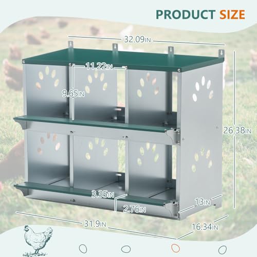 Heavy-Duty Metal Chicken Nesting Box for Backyard Flocks – Wall-Mounted Egg Laying Compartment with Rust-Resistant Finish (6-Hole,Green)