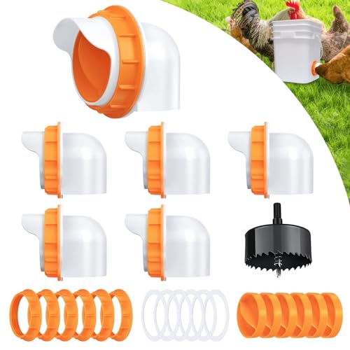 Chicken Feeder Port, 6 Pack Chicken Feeders No Waste with 6 Lids 1 Drill Bit, DIY Automatic Poultry Feeder Cups Kit, Chicken Bucket Feeder for Barrels ((Orange) - color: Orange, size: 6 pack