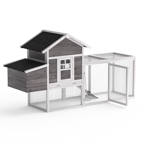 GOJOOASIS Chicken Coop for 2-4 Chickens Outdoor Grey Wooden Hen House Poultry Cage w/Wire Fence, Ramp, Nesting Box, Tray, Roosting Bar, 4 Access Areas (E) - size: E