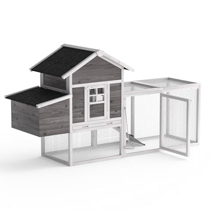 GOJOOASIS Chicken Coop for 2-4 Chickens Outdoor Grey Wooden Hen House Poultry Cage w/Wire Fence, Ramp, Nesting Box, Tray, Roosting Bar, 4 Access Areas (E) - size: E