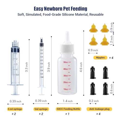 Kitten Bottle Feeding Kit, Pet Bottle, Silicone Nipples, 10 FR Feeding Tube, Pet Pill Shooter, Aspirator Bulb, Small Animal Feeding Supplies, for Tiny Animal, Kitten, Puppy, Rabbit, Squirrels