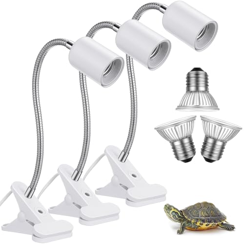 3 Set Reptile Heat Lamp UVA/UVB Turtle Heat Lamp Holder Fixture Clamp Basking Spot Adjustable 50w Full Spectrum Sun Sunbathe Bulb for Turtle Lizard Bearded Dragon Snake Aquarium Amphibian(White) - color: White