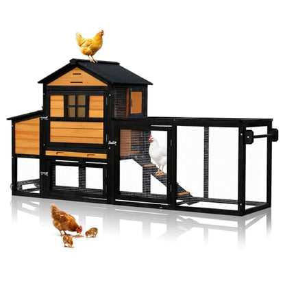 Chicken Coop with Wheels for 4-6 Chickens, Mobile Hen House with Run, Outdoor Chicken Coop, Ventilated Window, Easy-Clean Nesting Box, Weatherproof Asphalt Roof, 82.7” L x 25.6” W x 44.1” H, Brown - color: Brown