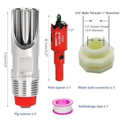 Pig Waterer Nipple 3 PCS Automatic Pig Nipple Drinkers with 3 Pcs Plastics Water Tank Connector 1Pcs Hole Opener Pig Waterer Feeder Systems Kit for Hog Pig Goats Swine Piglets Drinking