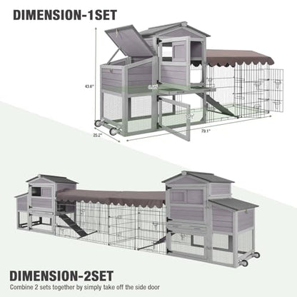 79‘’ Chicken Coop with Wheels, Wooden Hen House with Large Nesting Box, Outdoor Poultry Cage with Leakproof Pull-on Tray, Backyard Chicken Coop with Run, Weatherproof Rabbit Hutch