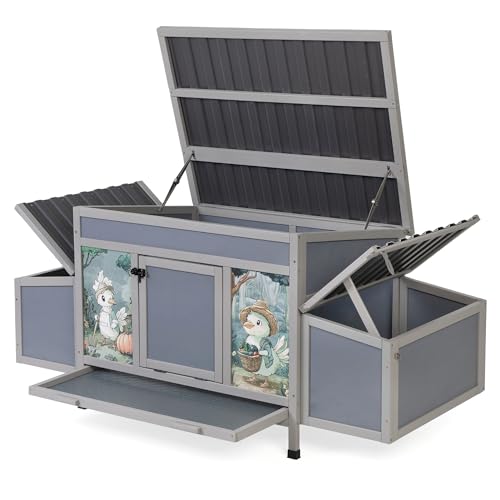 COZIWOW Chicken Coop with Nesting Boxes, 59'' Large Outdoor Poultry Hutch with 2 Perches, Weatherproof Wooden Hen House with Pull-Out Tray, Chicken Cage for Ducks & Rabbits, Gray