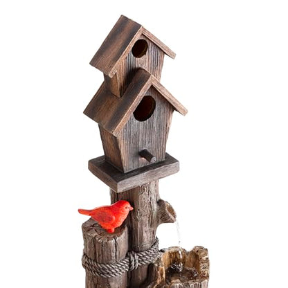 Alpine Corporation 35" Tall Outdoor 3-Tier Birdhouse Water Fountain with Cardinal Accent, Rustic Floor Decor for Garden and Patio, Brown - style: 3- Tiered Log & Branch