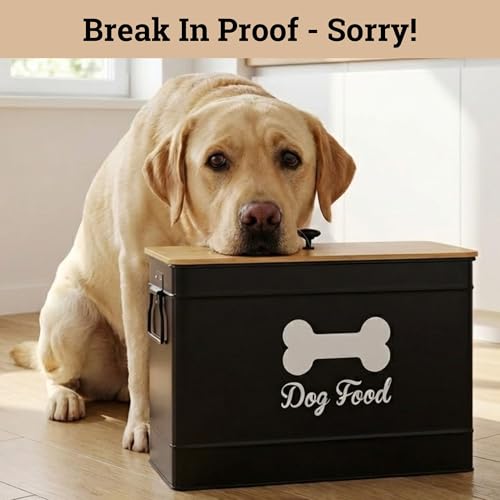 Dog Food Container Airtight Bamboo Lid 15-20 lb Sturdy Metal Handle 70 Cups | Pet Jar For Dogs up to 100lbs, Airtight Bamboo Lid, Sturdy Comfortable Metal Handle, Powder Coated Iron, Kibble Storage Bin - color: Black