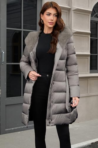 PAPILLON D'OR WEAR YOUR WINGS Women's Long Puffer Coat with Belt, Hood & Furry Lining - Knee-Length Winter Jacket - color: Mink-gray, size: Medium
