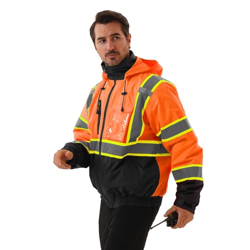 Hi Vis Safety jacket for men,Reflective high Visibility Hooded jacket,Work Bomber Jacket with Pockets and Zipper,Waterproof,ANSI Class 3 Black Bottom Tangerine,2XL - color: Tangerine, size: XX-Large