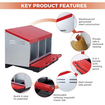 Chicken Nesting Box 3-Compartment Roll-Out with Pull-Out Trays, Egg Nesting Boxes for Hens, Chicken Coop Laying Box,Easy Wall Mounting with Metal Legs - color: red, size: 3 holes