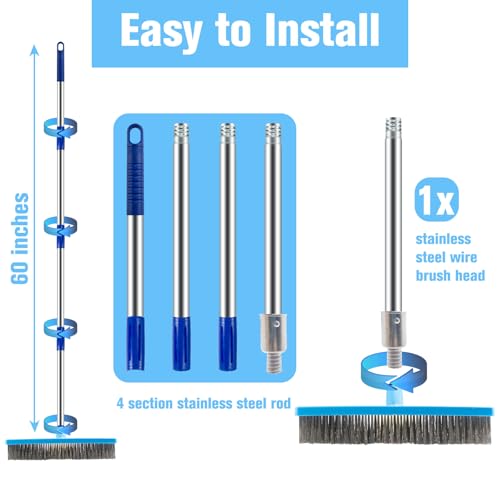 60'' Stainless Steel Deck Scrub Brush with Long Handle - Heavy Duty Floor Scrubber for Concrete, Grout, Garage, Patio, Boat & Garden - Stiff Bristle Broom for Moss, Tough Stains & Dirt Removal
