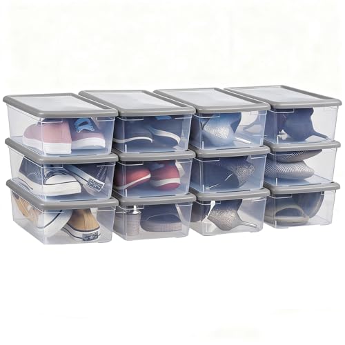 Stackable Plastic Storage Shoebox, BPA-Free Nestable Container with Latching Lid to Organize Shoes, See-Through Box for Home and Office, Multi-Purpose Storage Case, Clear Bins (12 Pack 6 Quart Gray)