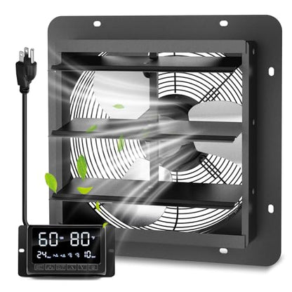 12" Wall Mounted Shutter Exhaust Fan with Thermostat - Temperature Humidity Controller, EC Motor, Aluminum Auto Shutter Ventilation Fan, Attic Vent Fan, Coops, Greenhouse, Barn, Shed Ventilator - size: 12"