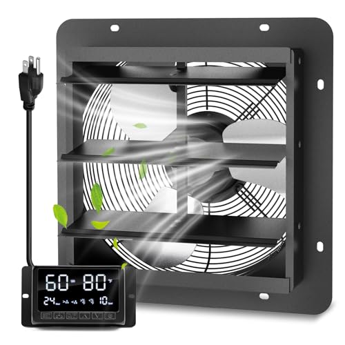 14" Wall Mounted Shutter Exhaust Fan with Thermostat - Temperature Humidity Controller, EC Motor, Aluminum Auto Shutter Ventilation Fan, Attic Vent Fan, Coops, Greenhouse, Barn, Shed Ventilator - size: 14"
