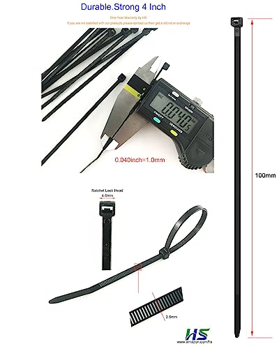 HS Durable Plastic Zip Ties 4 Inch 200 Pack Small Tie Wraps Thin 18 Lbs Self-Locking Nylon Cable Ties for Electronics Organizer, Tiny Wire Tie Black - color: Black 4"200