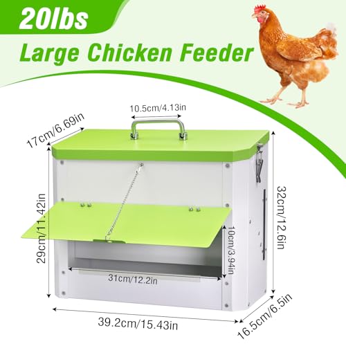 Hanging Chicken Feeder No Waste,20LBs Metal Chicken Feeder with Rainproof Cover & Lockable Flip-Door,Wall-Mount Heavy Duty Feeder for Chicken Coop and Outdoor Use