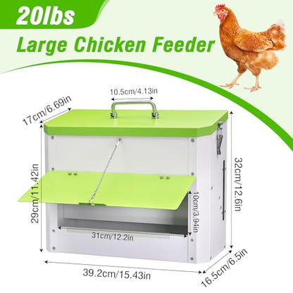Hanging Chicken Feeder No Waste,20LBs Metal Chicken Feeder with Rainproof Cover & Lockable Flip-Door,Wall-Mount Heavy Duty Feeder for Chicken Coop and Outdoor Use