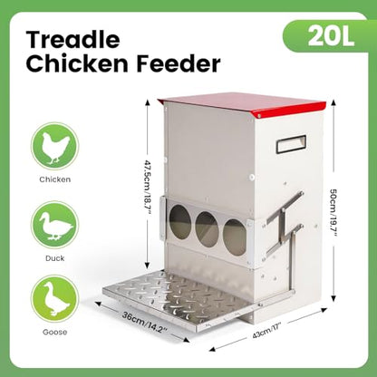 25LB Automatic Chicken Feeder No Waste Metal Gravity Poultry Feeder Treadle Feeder 3 Feeding Ports with Lid, Weatherproof Galvanized Chicken Food Dispenser for Ducks, Goose, Turkey