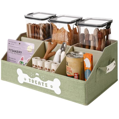 Dog Treat Container, Dogs Storage Organizer with Removable Dividers, Collapsible Dogs Treat Holder for Countertop, Trapezoid Pet Treats Containers, Dog Toy Basket with PU Handles, Medium, Green - color: Green, size: Medium (6 compartments)