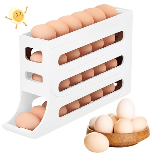 Egg Holder for Fridge, 4 Tiers Dispenser, 30 Egg Container Refrigerator, Large Capacity Organizer Automatic Fridge Rolling Egg Container for Pantry Countertop (White) - color: White
