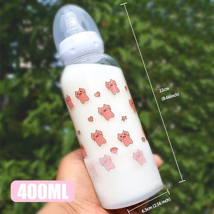 CutiePlusU Adult Glass Feeding Bottle Cute Printed Large Size Baby Bottles Pigs in the Sky 13.5Oz/400ML - color: Pigs in the Sky