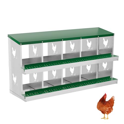 Chicken Nesting Box, 10 Compartment Metal Laying Box with Roll Out Egg Collection, Perch and Vented Holes, Roosting Boxes, Wall Mountable & Floor, Fit for Different Chicken Breeds(Green, w/0 Stand) - color: Green, size: 10 Holes