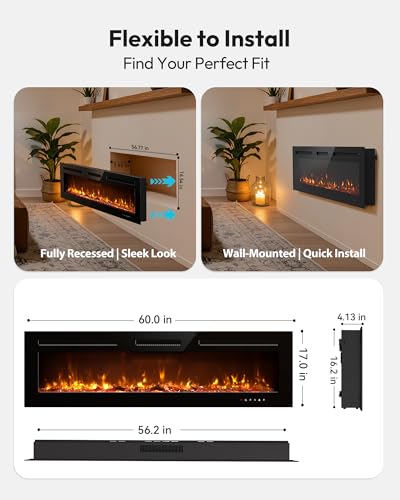 EUHOMY 60 Inch Electric Fireplace Recessed Wall Mounted with Remote Control, Fireplace Heater with Adjustable Flame Color, Linear Fireplace with Timer, Log & Crystal, 750/1500W (2026 Upgrade) - size: Upgrade 60 Inch