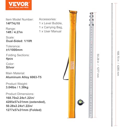 VEVOR Aluminum Grade 14-Feet 6 Sections Telescopic Measuring Rod, Double-Sided Scale 1/10 ft Leveling Rod with Bubble Level & Carrying Bag for Houses, Walls, Floors - size: 14 FT-10ths