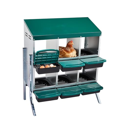 Outvita Chicken Nesting Boxes, 6 Compartments Metal Nesting Boxes for Chickens with Metal Legs, Wall/Floor Mount for Laying Eggs with Swing Perch and Roll Away Egg Collection for Chicken Coop, Green - color: Green, size: 33.5"L x 20.5"W x 37.8"H
