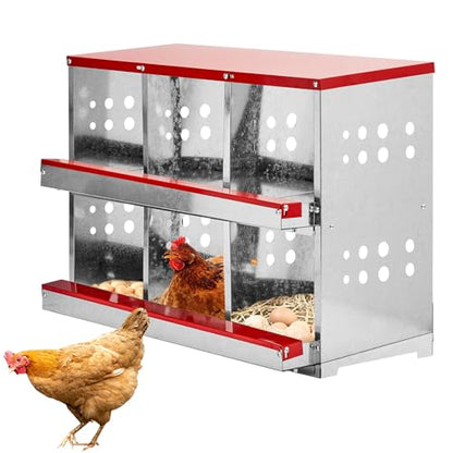 Chicken Nesting Boxes for Laying Eggs, 2-Tier 6 Compartment Roll Out Ducks Poultry Hens Nest Box with Lid Cover, Rolling Egg Collection Protection Chicken Coop for 6 Up to 24 Chickens, Silver and Red