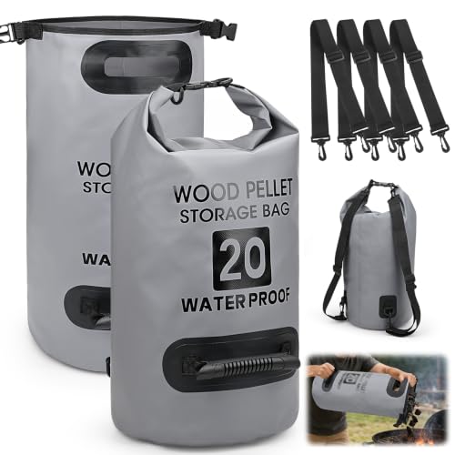 33LB/20L Waterproof Wood Pellet Storage Bag, 500D PVC Portable Charcoal Storage Container,Dual Handles & Backpack, Buckle Seal Heavy Duty Wood Chips Pocket for BBQ Grill Smoker Accessories(Grey, 2PCS) - color: Grey-2pcs