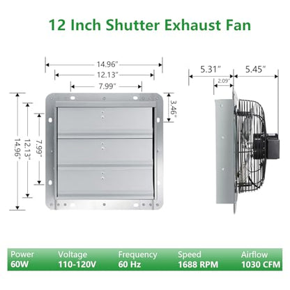 Shutter Exhaust Fan, 12 inch Wall Mount Attic Fans w/Speed Controller,1030 CFM,Chicken Coops Vent Fan for Greenhouse, Gable, Barn, Garage, Shed Ventilation Fan - color: With Speed Control, size: 12inch