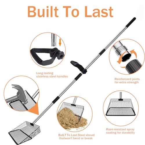 12" Metal Chicken Poop Scooper Rake for Sand with 24 to 68" Handle, Adjustable Chicken Poop Scooper for Poop, Wide 10”Poop Shovel Cleaning Tools, Heavy Duty Sifting Shovel (Black) - color: Black