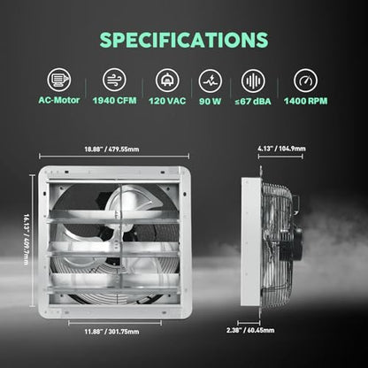 YOZON 16" Shutter Exhaust Fan with Speed Controller, Wall Mounted Wall Exhaust Fan, Automatic Shutter, High Speed, 1940CFM, Vent Fan for Garage, Greenhouse, Shed, Warehouse and Workshop - Silver - size: 16 INCH Silver