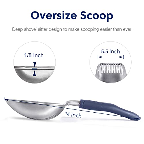 WePet Cat Litter Scoop, Aluminum Alloy Sifter, Kitty Metal Scooper, Deep Shovel, Long Handle, Poop Sifting, Kitten Pooper Lifter, Durable, Heavy Duty, for Litter Box - color: FLAT Aluminum \ #01 Blue Handle, size: Large