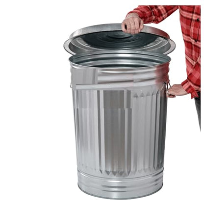 31 Gallon Steel Trash Can - Galvanized Steel Indoor/Outdoor Bin with Lid & Handles - Heavy Duty Rodent Proof Waste Container for Yard, Trash, Pet Food