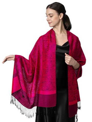 Achillea Two-Tone Vintage Paisley Pashmina Scarf – Lightweight Wrap & Shawl for Dresses, Weddings, Travel, All Seasons - color: Magenta Black
