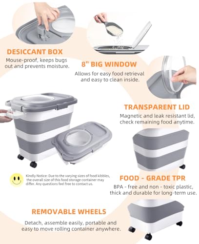 HOYTAMDAR 25-28lbs Dog Food Storage Container, Collapsible Dog Food Container, Wheels, Handle, Airtight Pet Food Storage Container, Scoop, Small Dry Container For Dog Cat Bird Food - color: Grey-28lbs