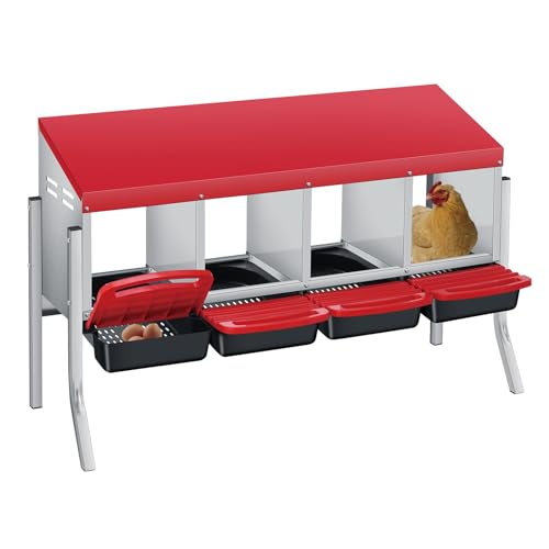 Chicken Nesting Boxes with Cleanable Pull-Out Trays - 4 Hole Metal Rollaway Nest Box for Laying Hens, Wall Mount or Placed Design for Easy Egg Collection & Cleaning - color: Red, size: 4 holes with legs