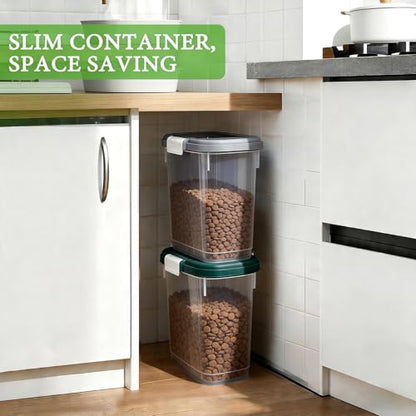 Dark Green Airtight Dog Cat Food Storage Container 10 Lbs - Slim Tall Pet Food Treat Container with Lid, Scoop and Cup - Clear Plastic Dry Food Storage Bin for Dogs, Cats, Bird Seeds, Kibble, Pellets - color: Dark Green
