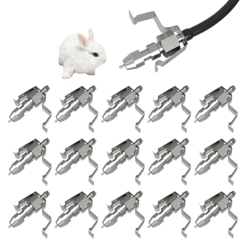 15pcs Stainless Steel Rabbit Watering Nipples Metal with Cage Rodent Waterering System (Grey, Large)