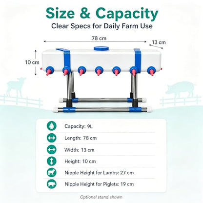Lamb Beverage Feeder, Calf's Milk Drink, Corral Feeder Cattle Breeding Feed, 12 Head with Holder, Also Included are 10 Nipples. 9l Large Capacity Milk Box, for Farm Ranch