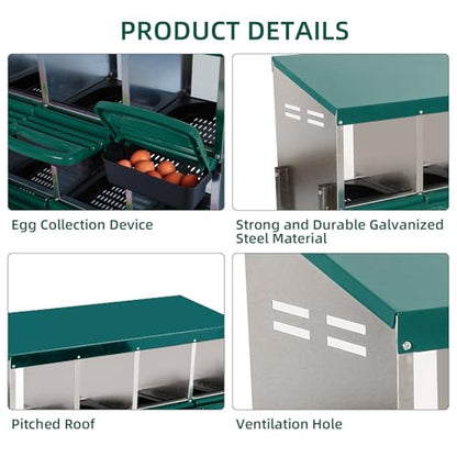 Chicken Nesting Boxes,8 Hole Metal Roll Away Eggs Laying Boxes with Ventilation Holes，Rustproof Plastic Tray & Keyhole Mounting, Cleanable Pull Out Nest Box for Hen & Duck, Green - color: Green, size: 8 holes with legs