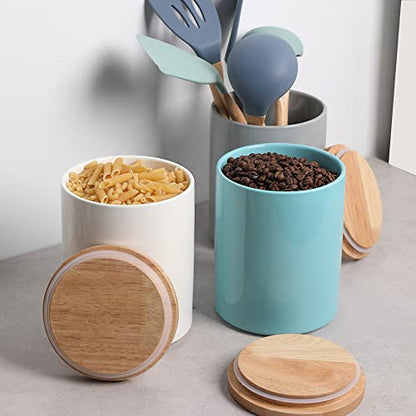 Sweejar Kitchen Canisters Ceramic Food Storage Jar, Stackable Containers with Airtight Seal Wooden Lid for Serving Coffee Bean, Flour, Tea, Cookies and More - 73 Fl Oz(White) - color: White, style: 73 Fl Oz (5.7"x7.6")