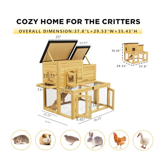 Small Chicken Coop, Chicken Run, Wooden Duck Coop Outdoor 2-Tier Rabbit House All Weather Used Poultry Quail Hutch Pet Cage with Removable Ramp for Garden Backyard (Yellow) - color: Yellow